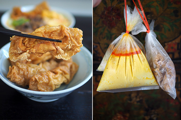 The laksa is served with fried 'fuchuk' stuffed with fish paste that you can add on more for RM1.50 per piece (left). Pack home the curry and noodles in separate bags (right).