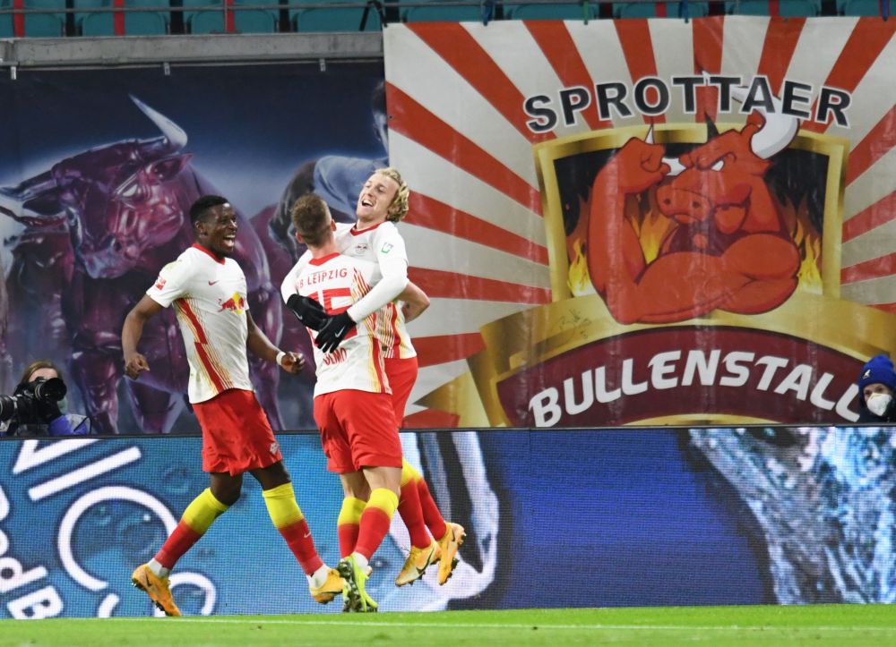 Leipzig's Emil Forsberg (right) celebrates scoring their first goal against FC Union Berlin with Dani Olmo and Nordi Mukiele at the Red Bull Arena, Leipzig January 20 2021. u00e2u20acu201d Reuters pic