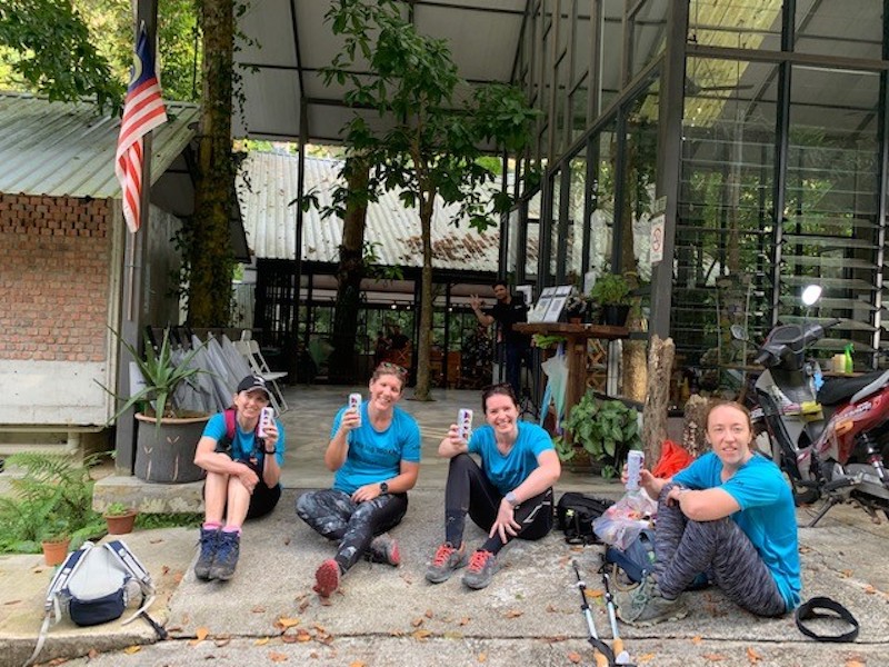 From left: Fryar, Williams, Roberts and Hawley celebrate the end of Day 1 at Boulder Valley Glamping in Teluk Bahang. — Picture courtesy of Rebecca Roberts