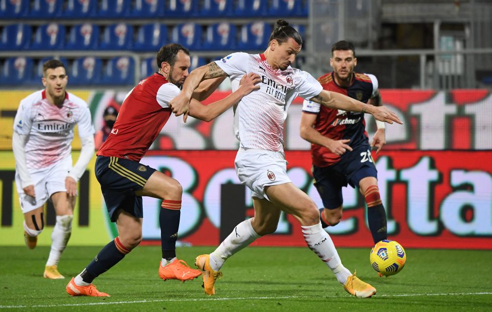 AC Milan's Zlatan Ibrahimovic in action with Cagliari's Diego Godin at the Sardegna Arena, Cagliari January 18, 2021. u00e2u20acu201d Reuters pic