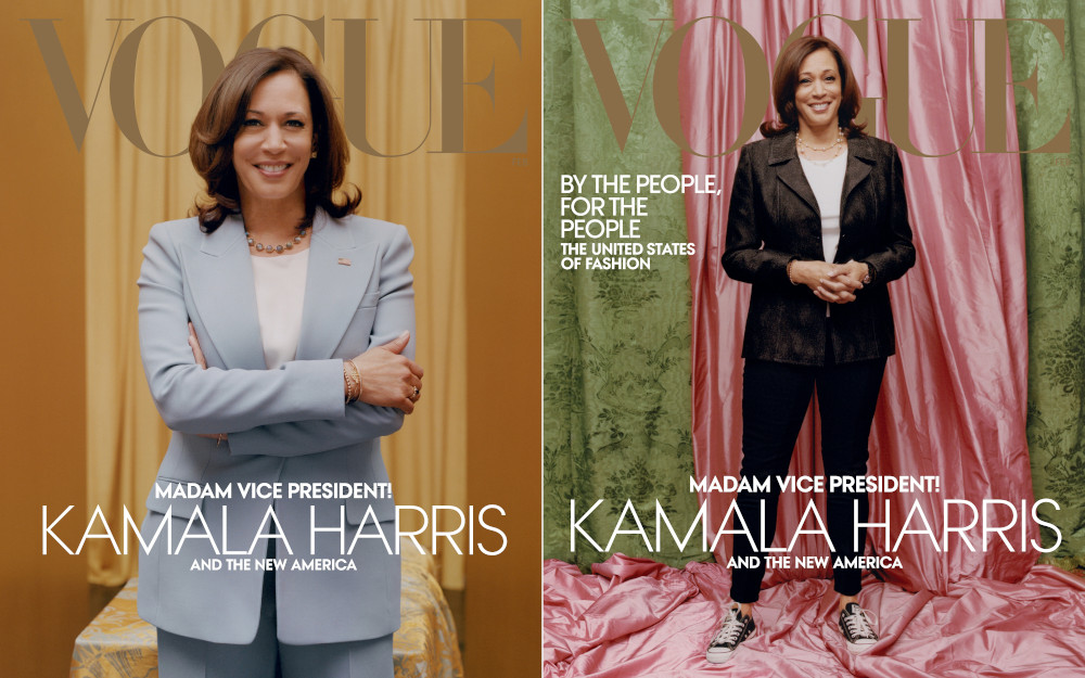 US Vice President-elect Kamala Harris in a Michael Kors Collection suit on the February 2021 cover of Vogue magazine (left) and as she wears a Donald Deal jacket and Converse sneakers on the February 2021 cover. u00e2u20acu201d Vogue/Tyler Mitchell/Vogue.com/American