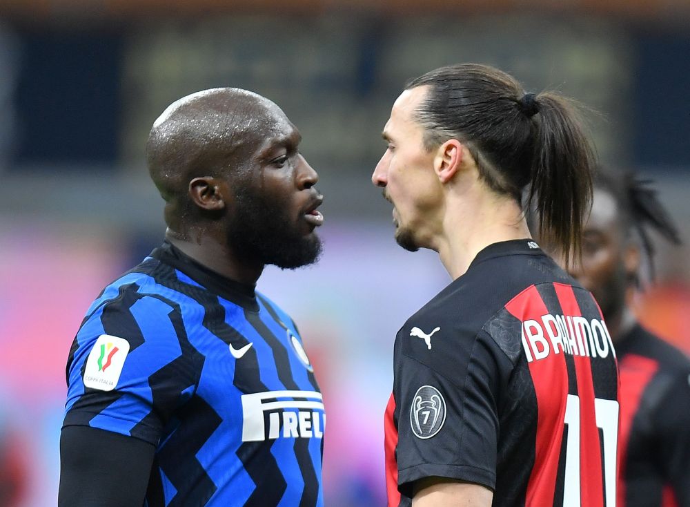 AC Milan's Zlatan Ibrahimovic clashes with Inter Milan's Romelu Lukaku during the Coppa Italia quarter-final at the San Siro January 26, 2021. u00e2u20acu201d Reuters pic