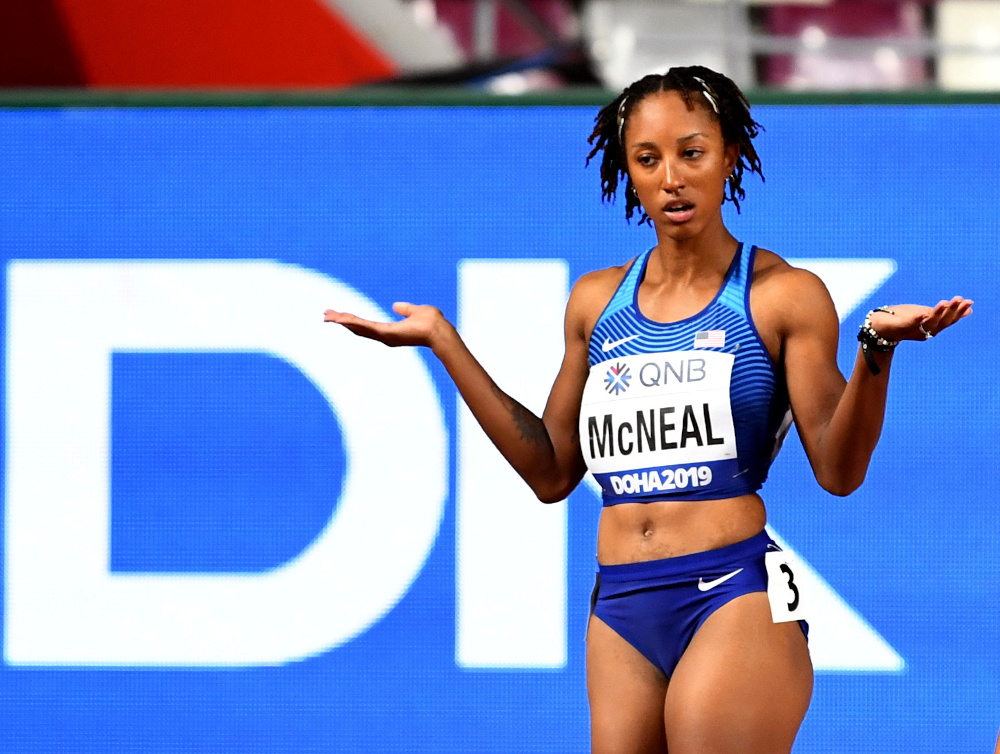 Brianna McNeal of the US reacts after being disqualified for a false start during the Womenu00e2u20acu2122s 100 Metres Hurdles Heats at the Doha 2019 World Athletics Championships at the Khalifa International Stadium, Doha October 5, 2019. u00e2u20acu201d Reuters pic 