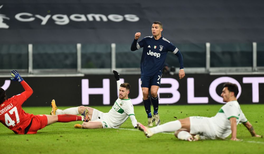 Juventus' Cristiano Ronaldo scores their third goal against Sassuolo at the Allianz Stadium in Turin January 10, 2021. u00e2u20acu201d Reuters pic