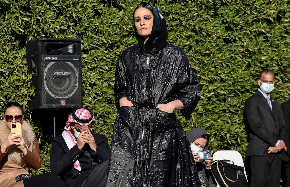 A model walks during the presentation of the u00e2u20acu02dcKhaleeki Chicu00e2u20acu2122 (Stay stylish) collection by Saudi and Belgian designers Safia Hussein and Christophe Beaufays, at the Belgian residence in Riyadhu00e2u20acu2122s diplomatic quarter, January 23, 2021. u00e2u20acu201d AFP pic 