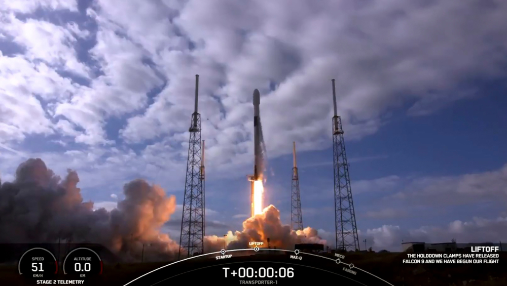 This SpaceX handout video frame grab image on January 24, 2021 shows the SpaceX Falcon 9 liftoff in Cape Canaveral, Florida. u00e2u20acu201d SpaceX handout pic via AFP