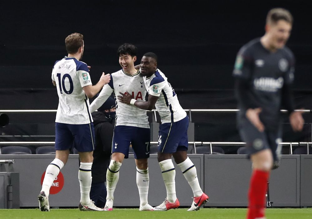 Tottenham Hotspur's Son Heung-min celebrates scoring their second goal against Brentford with teammates at the Tottenham Hotspur Stadium, London January 5, 2021. u00e2u20acu201d Reuters pic
