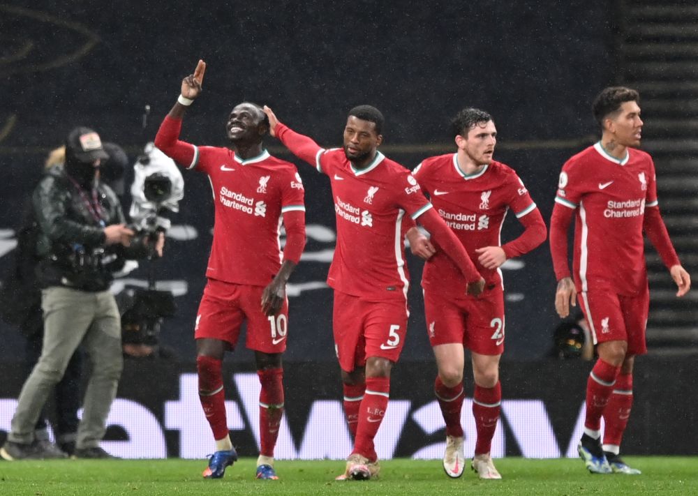 Liverpool's Sadio Mane celebrates scoring their third goal against Spurs with teammates at the Tottenham Hotspur Stadium, London January 28, 2021. u00e2u20acu2022 Reuters pic