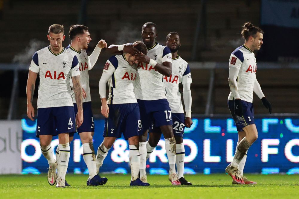 Tottenham Hotspur's Harry Winks (centre) celebrates scoring their second goal against Wycombe Wanderers at Adams Park, High Wycombe January 25, 2021. u00e2u20acu201d Reuters pic