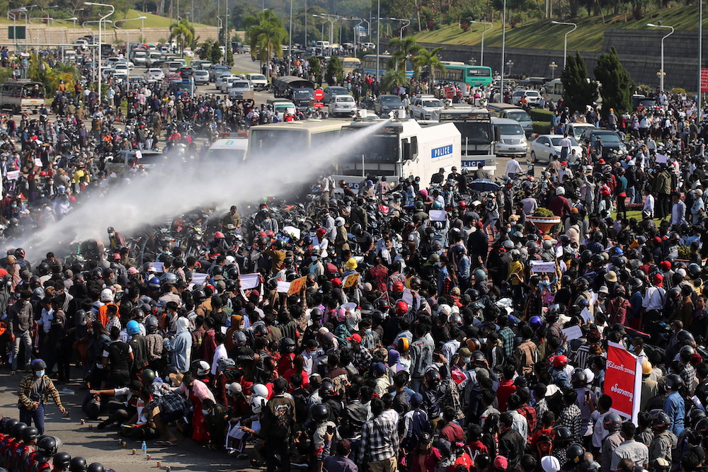 Police fire a water cannon at protesters demonstrating against the coup and to demand the release of elected leader Aung San Suu Kyi, in Naypyitaw, Myanmar February 8, 2021. u00e2u20acu201d Reuters pic
