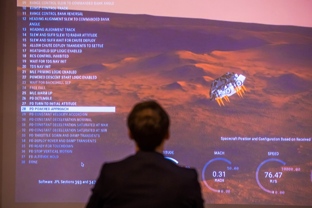 French President Emmanuel Macron attends a viewing of the landing of the Nasa Perseverance Mars rover on the planet Mars, at the French National Center for Space Studies (CNES) in Paris  February 18, 2021. u00e2u20acu201d Christophe Petit-Tesson/Pool via Reuters