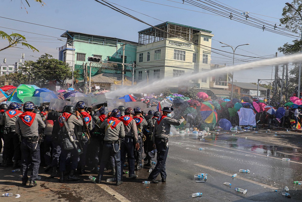Police uses a water canon against demonstrators as they protest against the military coup and to demand the release of elected leader Aung San Suu Kyi, in Mandalay, Myanmar February 9, 2021. u00e2u20acu201d Reuters pic