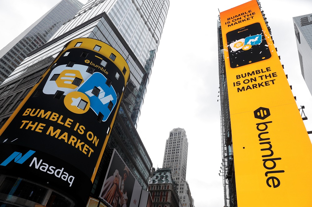 The display outside the Nasdaq MarketSite is pictured as the dating app operator Bumble Inc made its debut on the Nasdaq stock exchange during the company's IPO in New York February 11, 2021. u00e2u20acu201d Reuters pic
