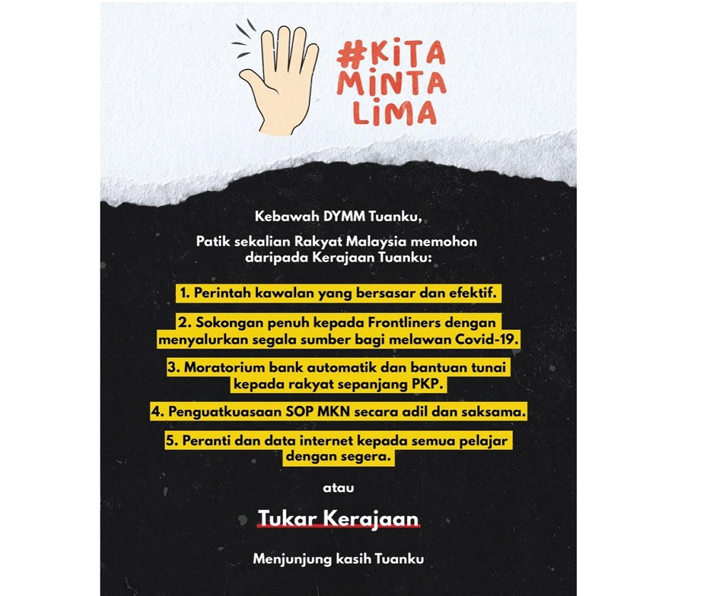 The #KitaMintaLima hashtag currently occupies the second-highest place on Twitteru00e2u20acu2122s Trending Topics chart for Malaysia. u00e2u20acu201d Picture via Twitter