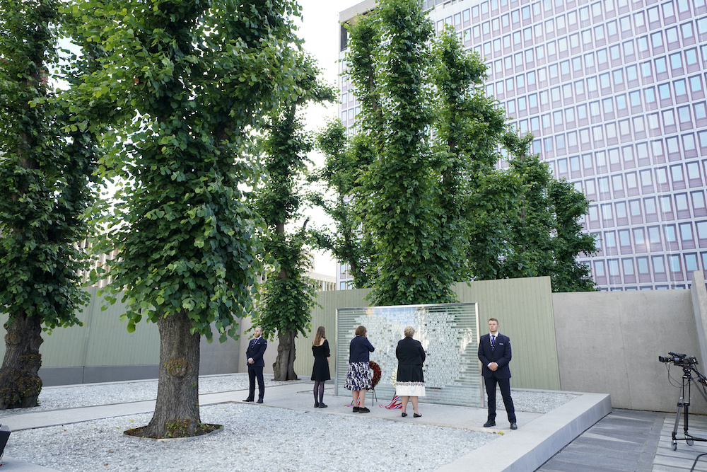 Ina Rangones Libak, Lisbeth Kristine Royneland and Norway Prime Minister Erna Solberg attend the commemoration ceremony for the victims of terrorist attacks on the government quarter and Utoya nine years ago, in Oslo, Norway July 22, 2020. u00e2u20acu201d Reuters pic