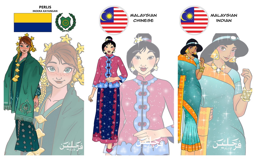 Farah Lina's artwork includes Anna in Kebaya Perlis, Mulan in kebaya with the Chinese collar and Princess Jasmine in saree. u00e2u20acu201d Picture courtesy via Farah Lina