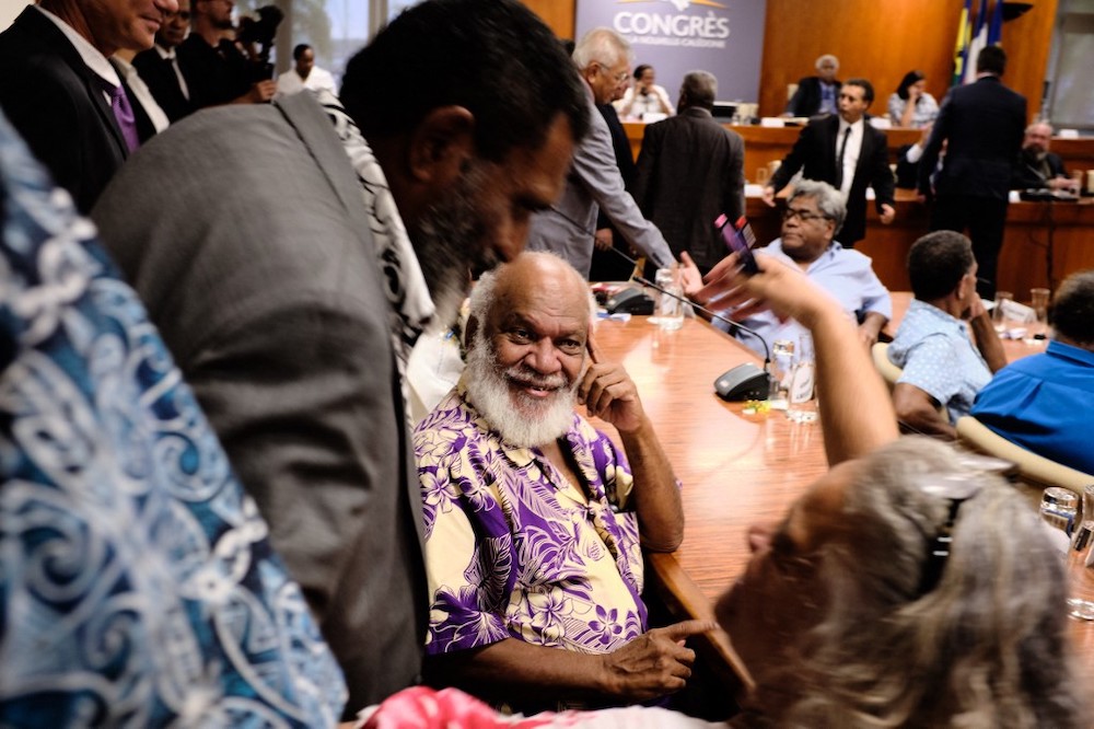 Members of the Uni party Joseph Goromido and Felicite Alphonse Digoue looks on during the election in the 17th government of New Caledonia, in Noumea, on February 17, 2021. u00e2u20acu201d AFP pic 