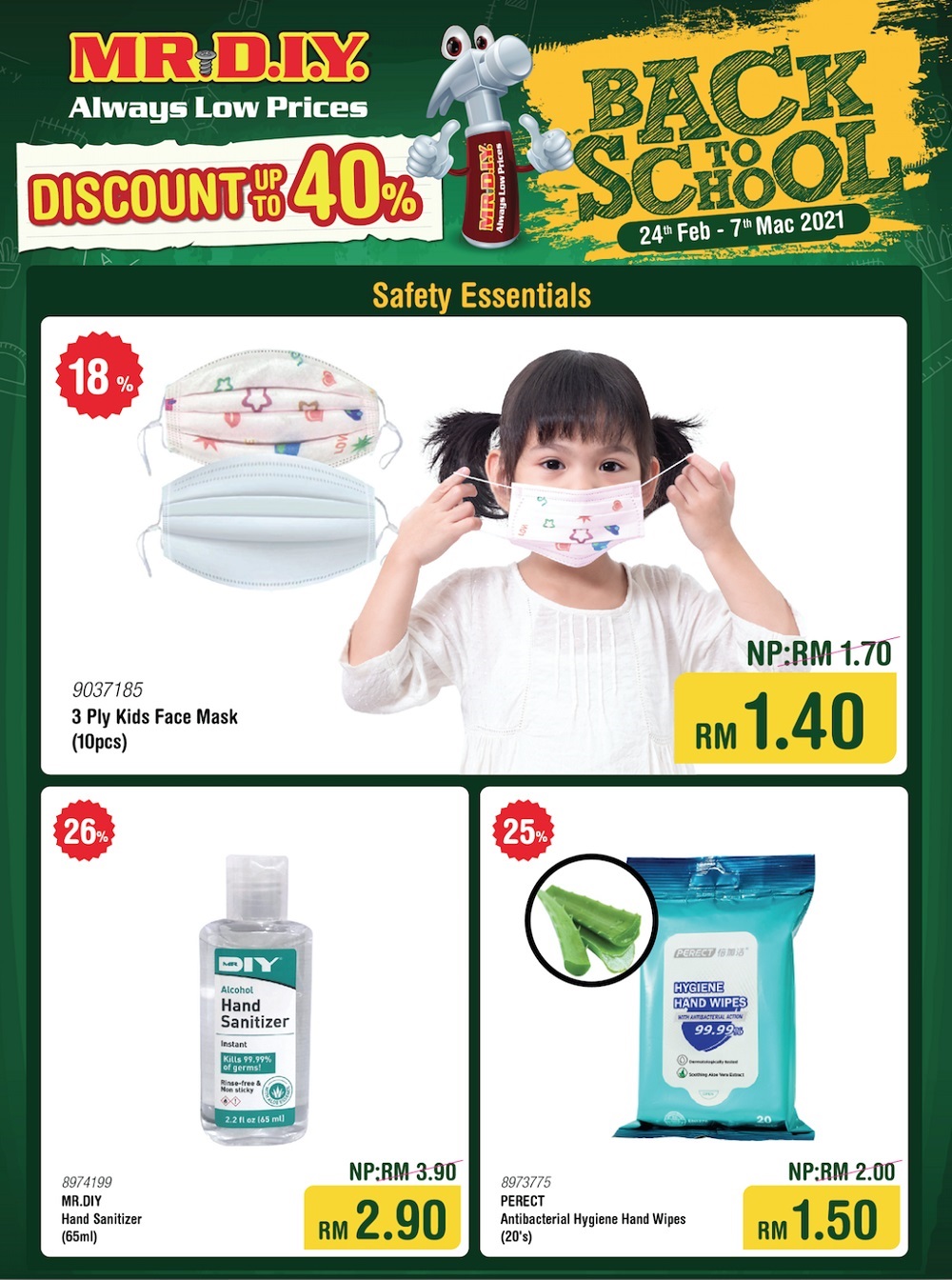 Stay protected in the classroom with face masks, hand sanitiser, and antibacterial wipes (flyer applicable for West Malaysia only). — Picture courtesy of MR.DIY