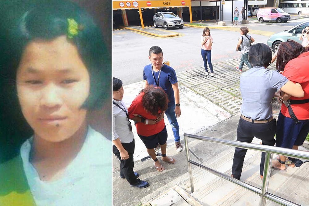 (Left) An old picture of Piang Ngaih Don. (Right) Prema S Naraynasamy and her daughter Gaiyathiri Murugayan, both in bodily restraints, being escorted separately to their Bishan flat by police investigators in August 2016. u00e2u20acu201d TODAY pic