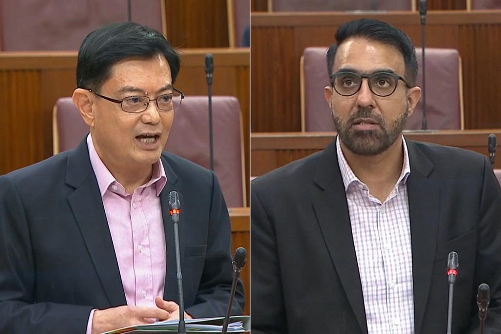 Deputy Prime Minister Heng Swee Keat (left) responding to Leader of the Opposition Pritam Singh (right) on his idea to have an independent Budget office. u00e2u20acu201d TODAY pic