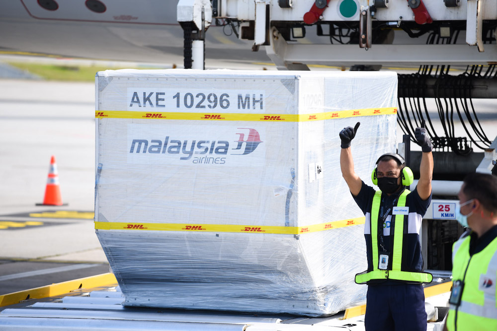 The first shipment of Pfizer-BioNTech Covid-19 vaccine arrives in Malaysia, February 21, 2021. — Picture courtesy of Jabatan Penerangan Malaysia