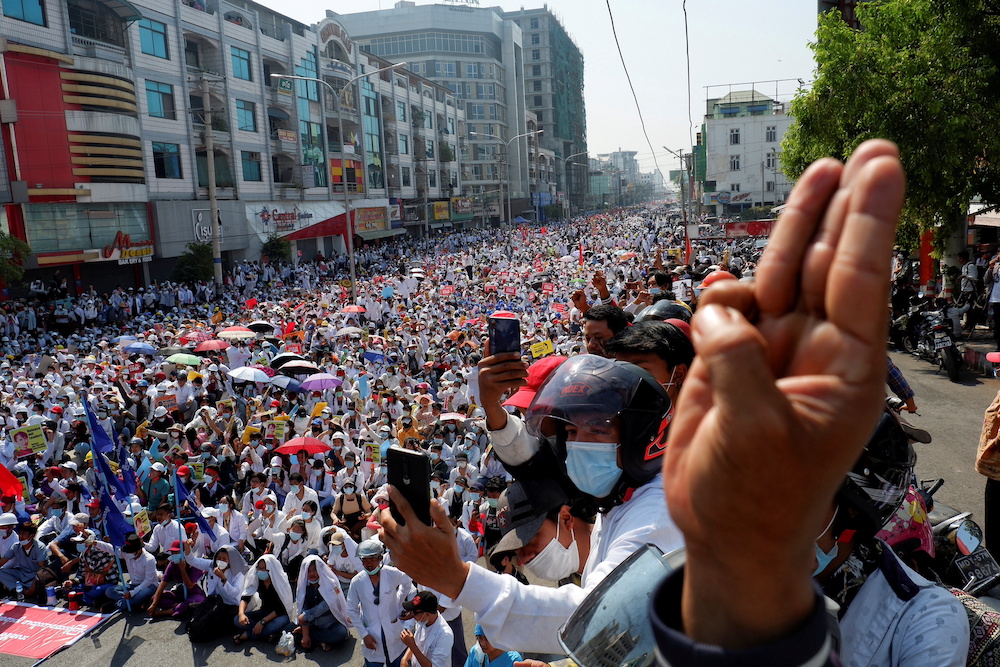 Demonstrators protest against a military coup in Mandalay, Myanmar February 22, 2021. u00e2u20acu201d Reuters pic