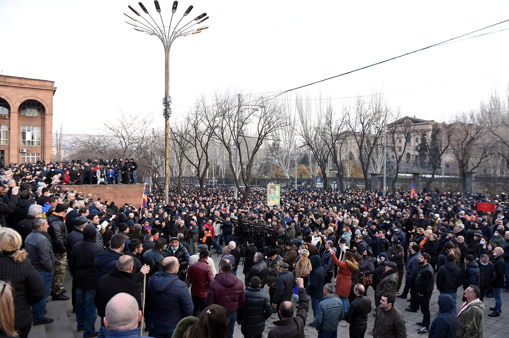 People attend an opposition rally to demand the resignation of Armenian Prime Minister Nikol Pashinyan in Yerevan, Armenia February 25, 2021. u00e2u20acu2022 Handout via Reuters
