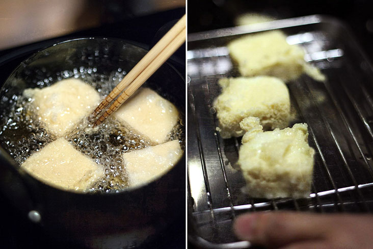Fry each piece of tofu till just crispy and then rest on a wire rack to drain the excess oil.