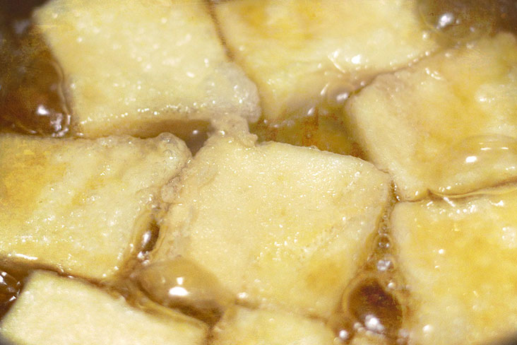 Simmer the pieces of tofu in 'dashi' broth mixed with other 'tentsuyu' seasoning.