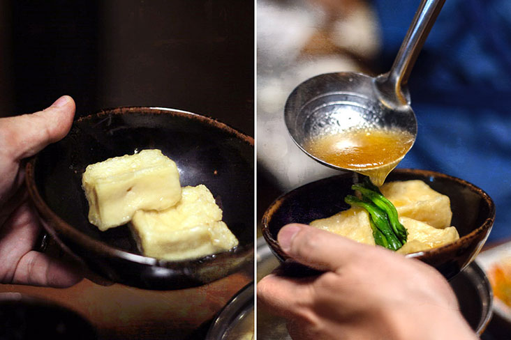 Ladle the reduced 'tentsuyu' broth over the fried tofu.