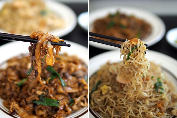 The flat rice noodles have a smooth and slightly chewy texture that is delicious with the smokey flavours (left). The fried 'mee hoon' is served with crispy chicken skin bits to give it extra flavour (right)
