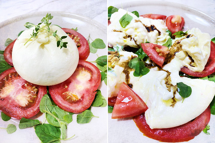 Enjoy creamy Burrata with tomatoes, basil, olive oil and balsamic vinegar.