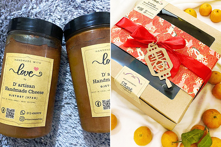 Gjetost, a creamy brown cheese from Norway (left) and their Exquisite CNY hamper (right).