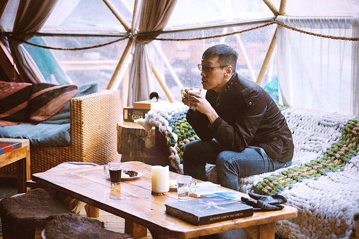 Warming up with a hot cuppa on a typical rainy Patagonian day.