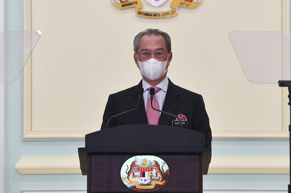 Prime Minister Tan Sri Muhyiddin Yassin delivers a speech at the launch of the National Covid-19 Immunisation Programme Handbook at the Perdana Putra Building in Putrajaya February 16, 2021. u00e2u20acu201d Bernama pic