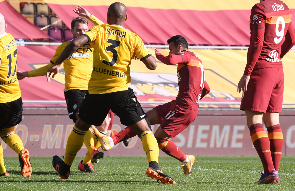 AS Romau00e2u20acu2122s Pedro scores their third goal against Udinese at Stadio Olimpico in Rome, February 14, 2021. u00e2u20acu201d Reuters picnn