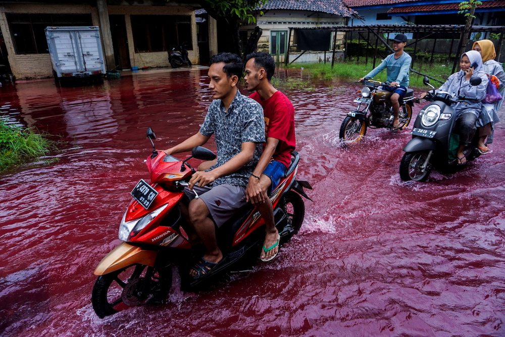People ride motorbikes through a flooded road with red water due to the dye-waste from cloth factories, in Pekalongan, Central Java province, Indonesia, February 6, 2021 in this photo taken by Antara Foto. u00e2u20acu2022 Reuters pic