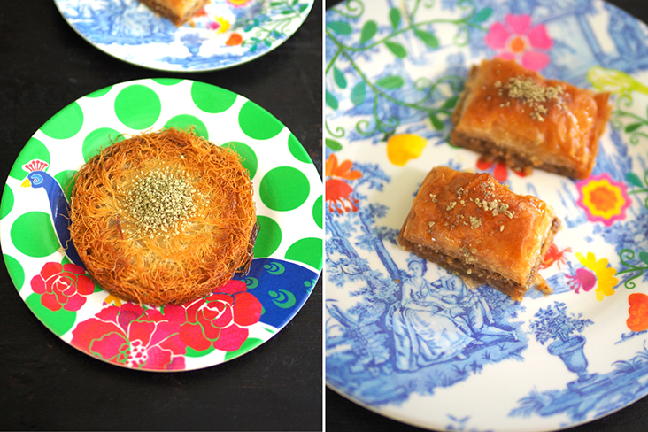 The kunefe is a crispy, sweet delight with a cheesy centre that you will enjoy on its own or with a cup of Turkish coffee (left). Nibble on their baklava with thin crispy layers of pastry and chopped nuts (right)