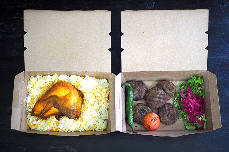 Your meals are packed in a brown paper box with the sauces in separate containers