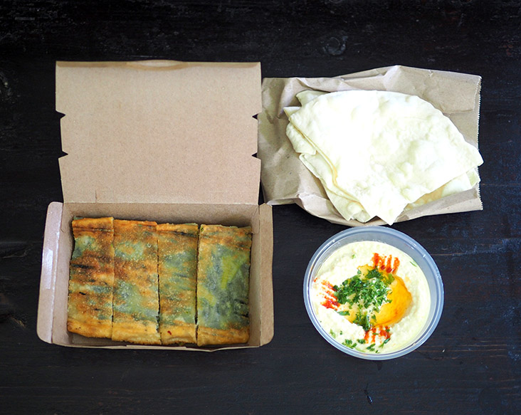 For the hummus, you can just eat it from the container with the fluffy bread