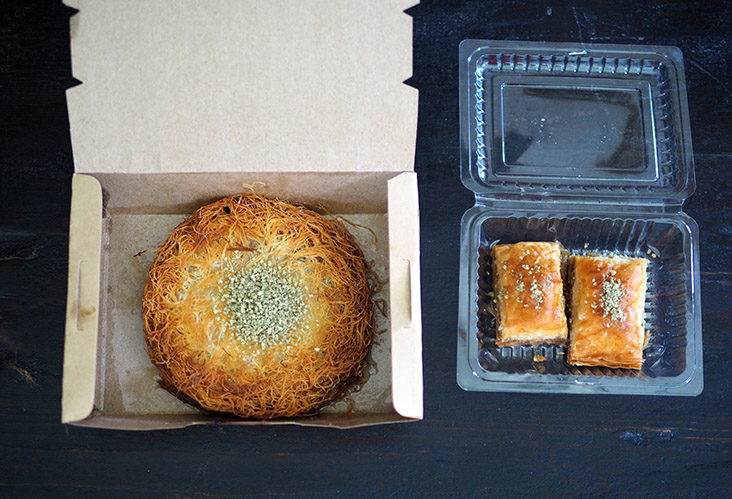 Even though the kunefe is soaked in syrup, the edges are still beautifully crispy when delivered