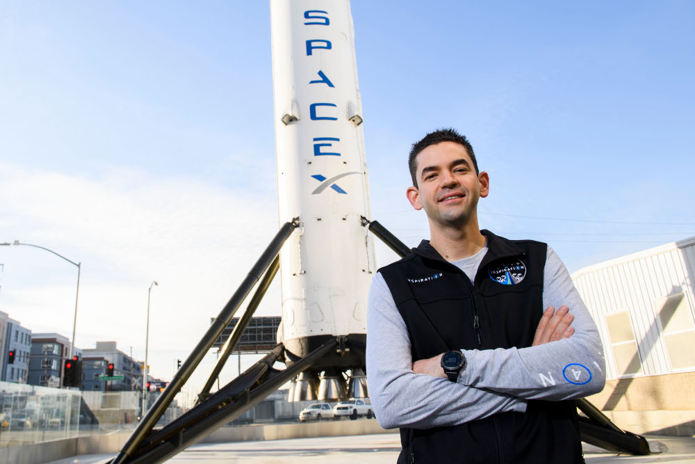 Inspiration4 mission commander Jared Isaacman, founder and chief executive officer of Shift4 Payments, stands for a portrait in front of the recovered first stage of a Falcon 9 rocket at Space Exploration Technologies Corp. u00e2u20acu201d AFP pic 