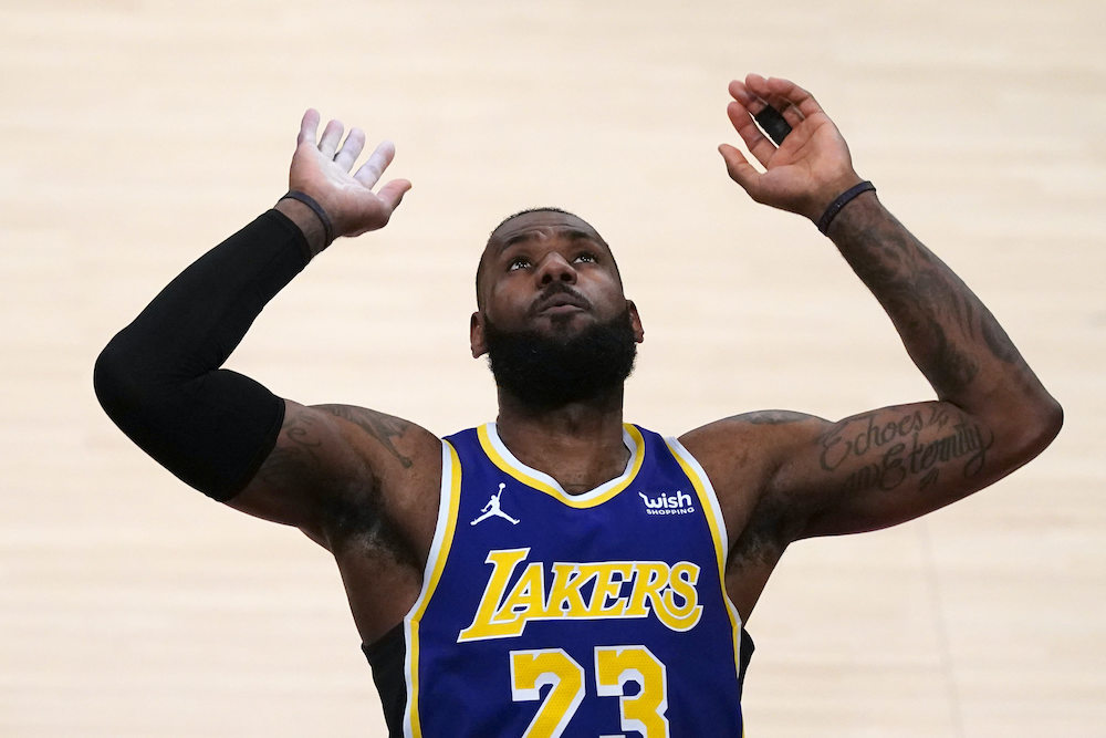 Los Angeles Lakers forward LeBron James gestures in the first half against the Portland Trail Blazers at Staples Centre, Los Angeles, February 27, 2021. u00e2u20acu201d Reuters pic