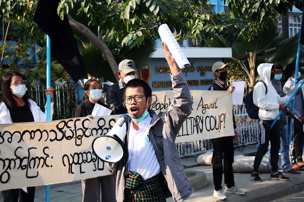 People protest on the street against the military after Monday's coup, outside the Mandalay Medical University in Mandalay, Myanmar February 4, 2021. u00e2u20acu2022 Reuters pic