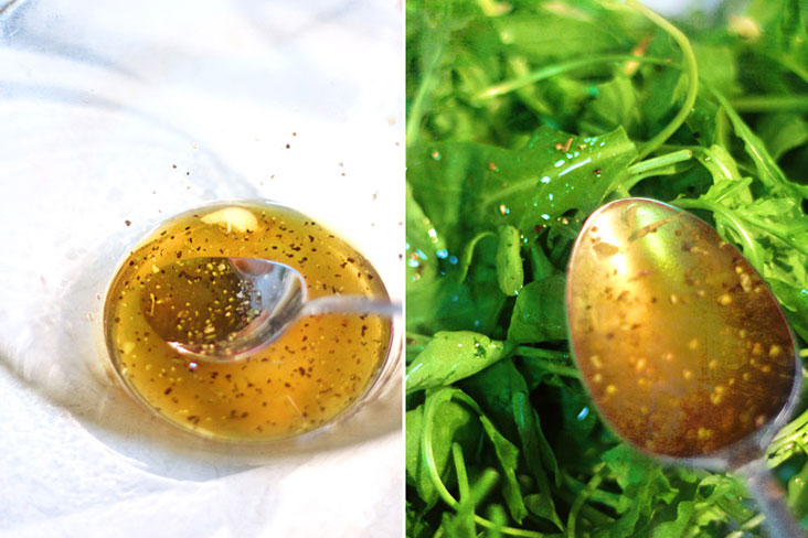 A simple salad dressing with oil, vinegar, salt and pepper.