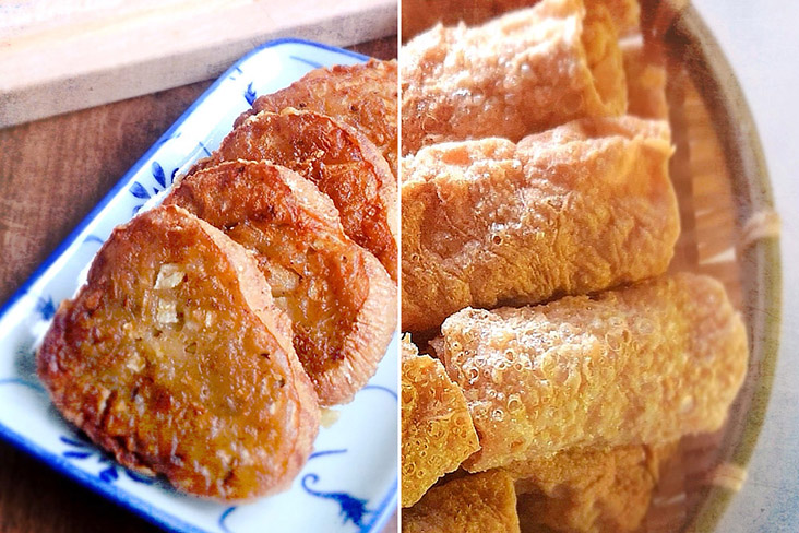 'Sengkuang cake' ('shā gé bǐng') and crispy beancurd rolls ('tóng tóng juǎn').