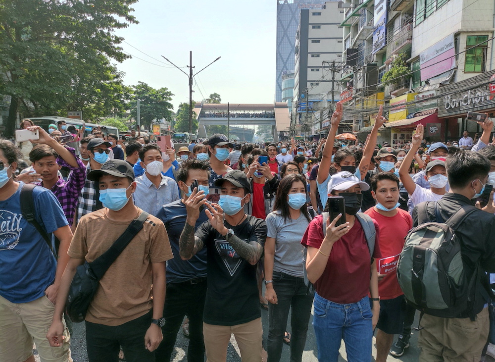 Protesters attend a demonstration against the military coup in Yangon, Myanmar, February 6, 2021. Myanmar. u00e2u20acu2022 Reuters pic