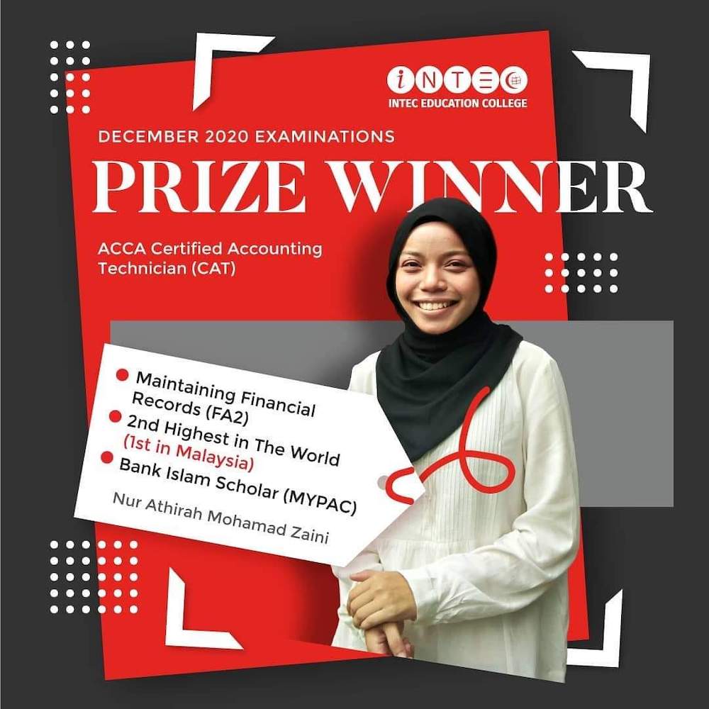 Nur Athirah Mohamad Zaini, 19, disenarai pada kedudukan kedua dunia bagi peperiksaan Certified Accounting Technician (CAT). u00e2u20acu2022 Foto ihsan Facebook/INTEC Education Collegennn