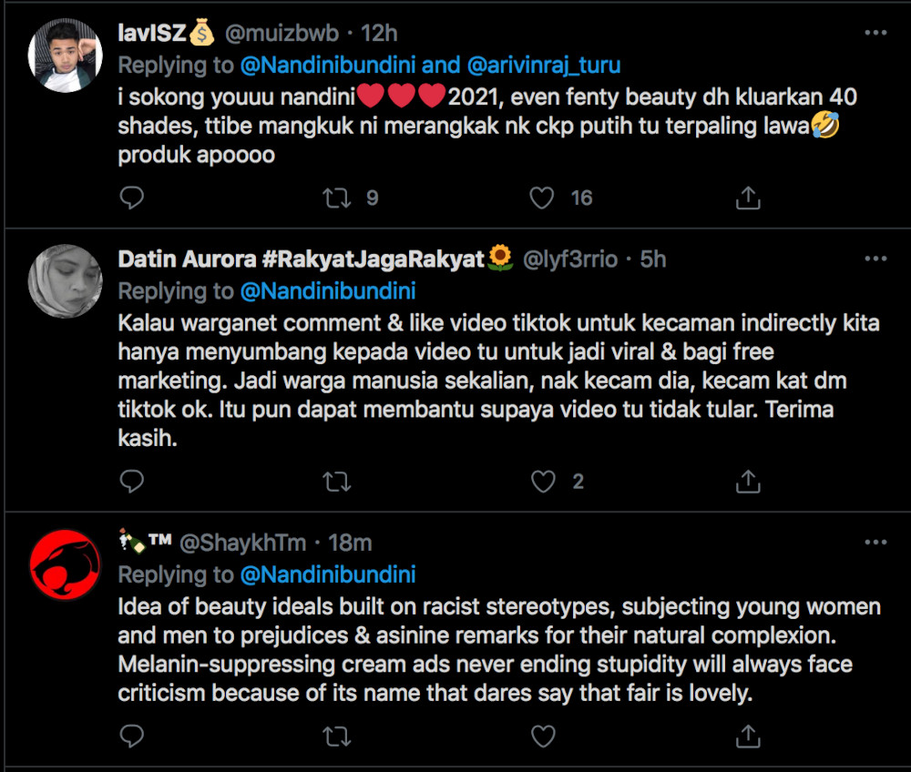 Some of the replies on Nandini’s post calling out the blackface in Syatilla’s video. — Screengrab from Twitter