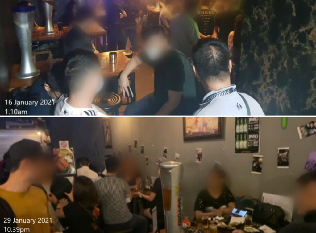 Drinks Emporium at Club Street (top) and Darts Buddy at Beatty Road (bottom) allowed patrons to consume alcohol after 10.30pm on January 16, 2021 and January 29, 2021 respectively. u00e2u20acu2022 TODAY pic